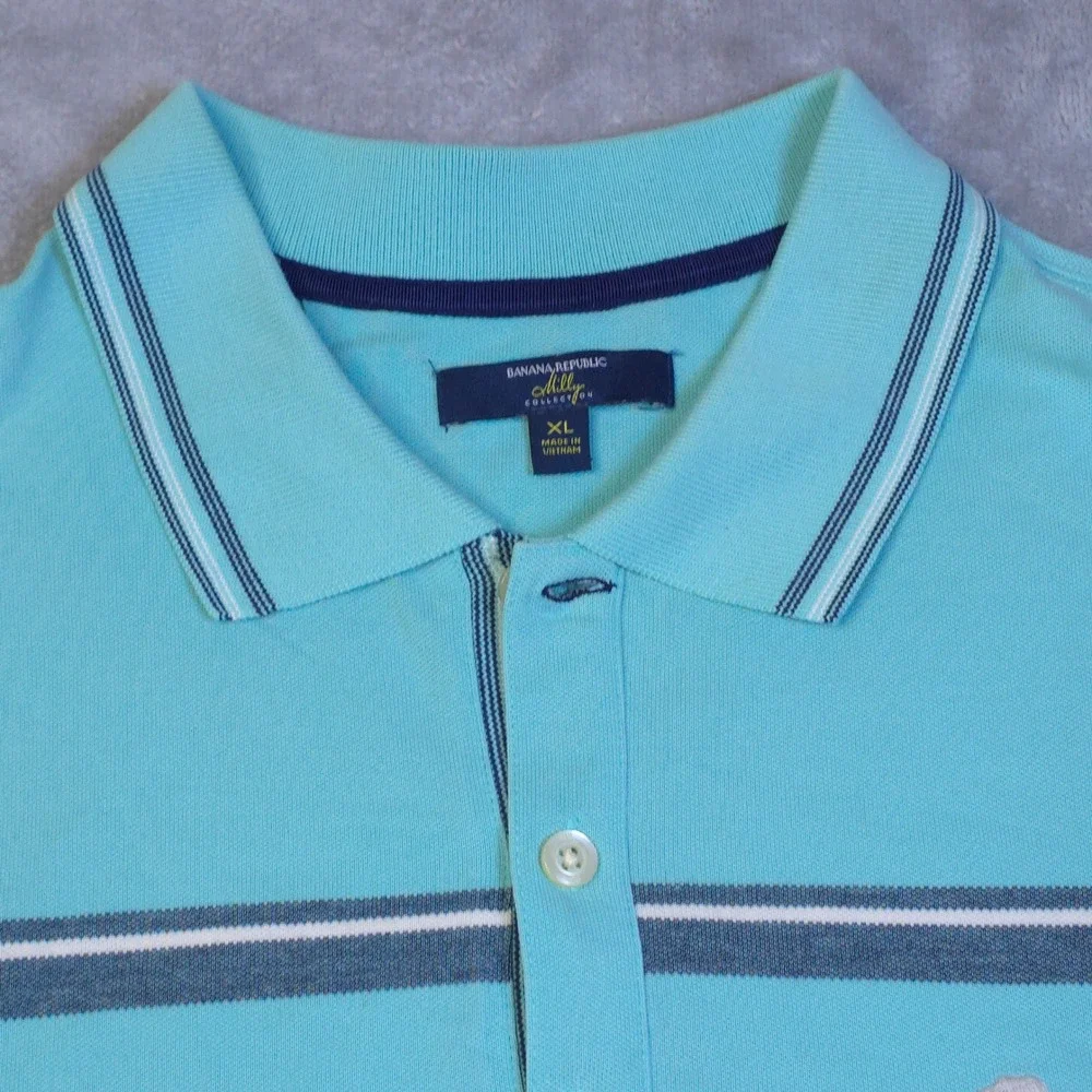 Banana Republic Milly Polo Mens XL Aqua Blue Striped Pique Preppy Summer Casual